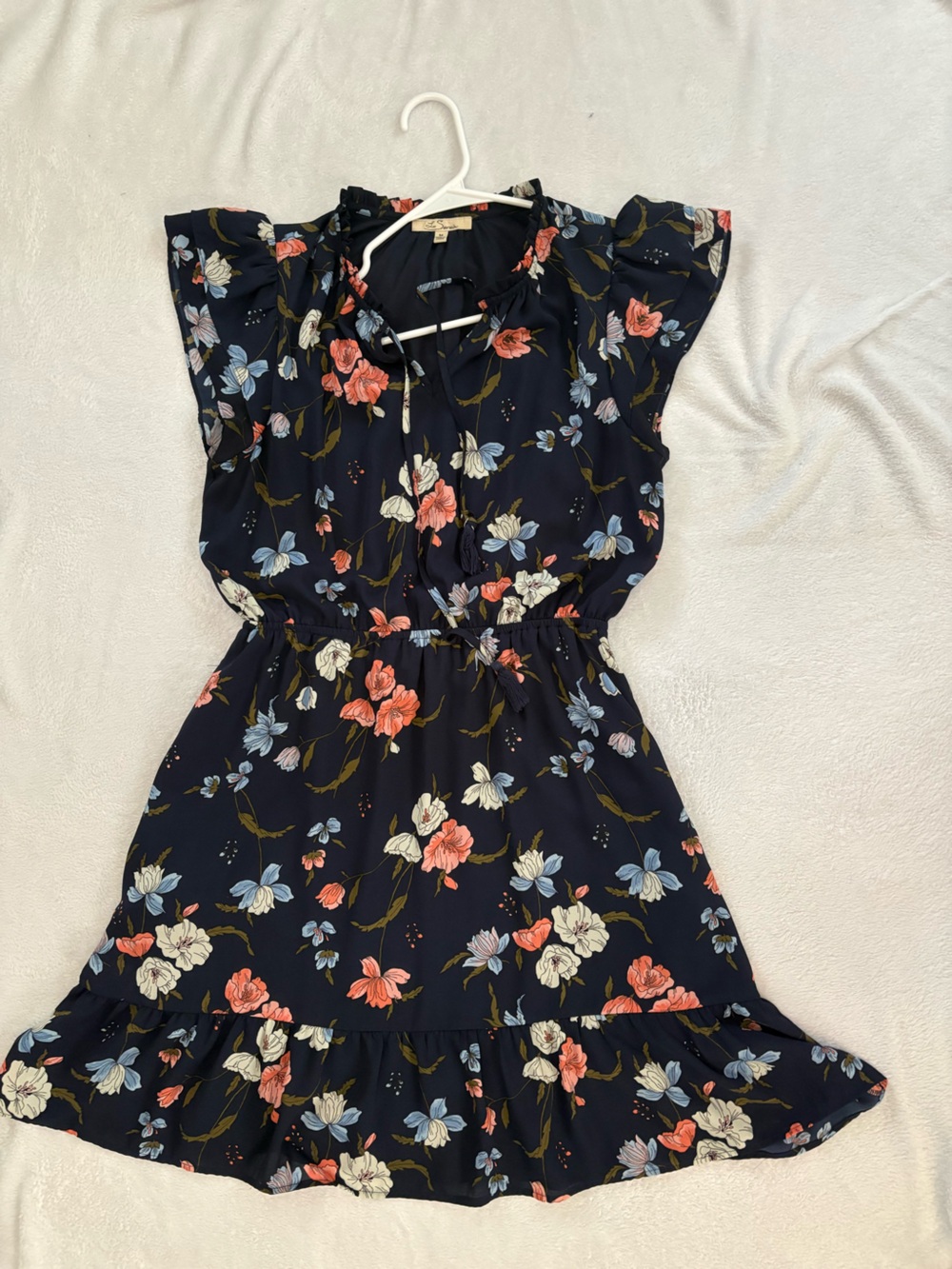 Floral Ruffle Mini Dress - Navy with Coral & Cream Flowers